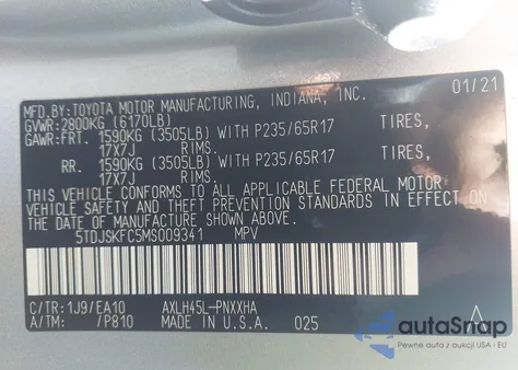 2021 Toyota Sienna Xle z USA, uszkodzony, nr VIN 5TDJSKFC5MS009341
